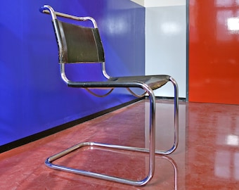 Vintage Marcel Breuer B33 Thonet Black Genuine Leather Tubular Chrome Cantilever Dining Chair Bauhaus Modernist Mid Century Modern Sling