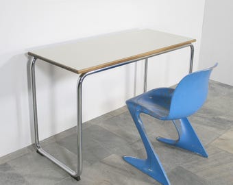 Vintage Austrian Wiesner Hager Wooden Desk Table Chrome Decor Laminated Retro Streamline Bauhaus Functionalist Home Office Entryway Hallway