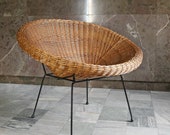 Vintage Round Italian Wicker Basket Lounge Chair Woven Retro Patio Terrace Garden Rustic Bohemian Mid Century Modern Loft Shell Armchair