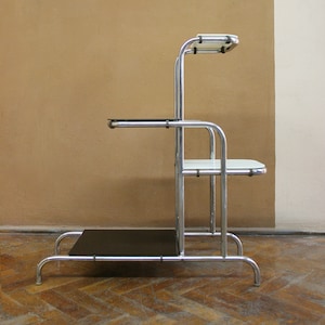Vintage Emile Guyot Thonet Mundus Tubular Chrome Painted Glass Shelves Streamline Art Deco Decor Czech Functionalist Bauhaus Plant Stand