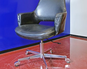 Vintage Egon Eiermann Wilde & Spieth Swivelling Executive Armchair Genuine Black Leather Chrome Adjustable Brutalist Studio Home Office Desk