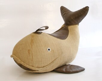 Vintage Jute & Leather Therapeutic Stuffed Whale Toy by Renate Müller Retro Modernist Bauhaus Foot Stool Decorative Pillow Studio Footstool