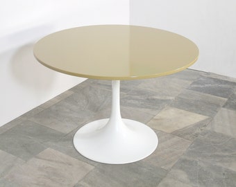 Vintage Maurice Burke Arkana Glossy Khaki Green White Tulip Dining Table Round Circular Mid Century Modern Space Age Atomic Era Kitchen Cafe