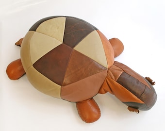 Vintage Patchwork Leather Therapeutic Stuffed Turtle Toy Tortoise Retro Modernist Bauhaus Foot Stool Pouf Decorative Pillow Kids Organic