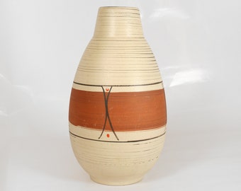 Vintage Scheurich Keramik Modernist Ovoid Abstract Scribble Floor Vase Beige Black Brutalist Sienna Terracotta Primitive Pottery Art Studio