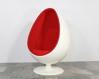 Vintage Henrik Thor Larsen Ovalia Upholstered Fibreglass Egg Chair Red White Tulip Retro Swivelling Pod Shell Modernist Swedish Scandinavian
