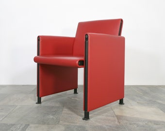 Vintage Afra & Tobia Scarpa Meritalia Giulietta Silla de cuero rojo rubí posmoderno Cóctel Bauhaus Salón modernista Memphis Milano Brutalista