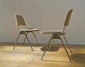 Pair of Vintage Don Albinson for Knoll International Model 1601 Stacking Chairs Cream Silver Mid Century Modern Retro Office Desk Studio