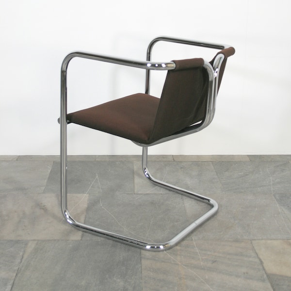 Deep Burgundy Brown Vintage Georges Van Rijck Meurop Virginia Textile Sling Tubular Chrome Cantilever Chair Bauhaus Modernist Home Office