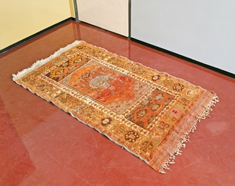 Antique Turkish Magenta Pink Mustard Orange Geometric Woven Wool Rug Carpet Folk Art Rustic Patinated Accent Floral Loft Decorative Boho