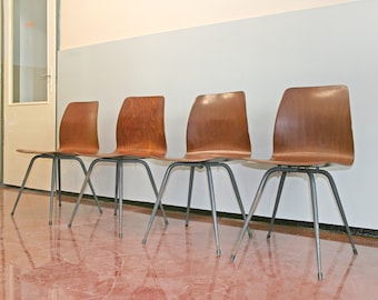 Set of Four Vintage Bentwood Pagholz Rosewood Desk Chairs Loft Dining Industrial Mid Century Modern Textured Plywood Flototto West German