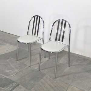 Pair of Vintage Robert Mallet Stevens No.222 White Leatherette Chrome Pallucco Dining Chairs French Cafe Desk Bauhaus Tubular Minimalist Set