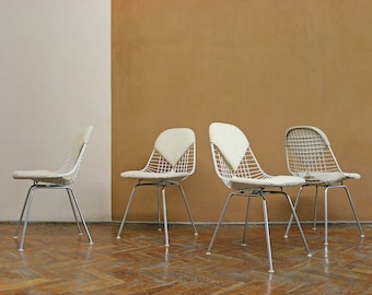 Set of Four Vintage Eames Upholstered Wire Bikini DKX Dining Chairs Textile Cushion Retro Mid Century Modern Desk Office Loft Mid Mod Beige