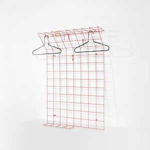 Vintage Karl Fichtel Drahtwerke Erlau Minimalist Red Wire Wall Mounted Coat Hat Rack Geometric Grid Wardrobe Retro Loft Accent Hanger String
