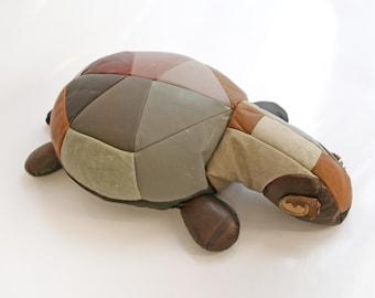 Vintage Patchwork Leather Therapeutic Stuffed Turtle Toy Tortoise Retro Modernist Bauhaus Foot Stool Pouf Decorative Pillow Kids Organic