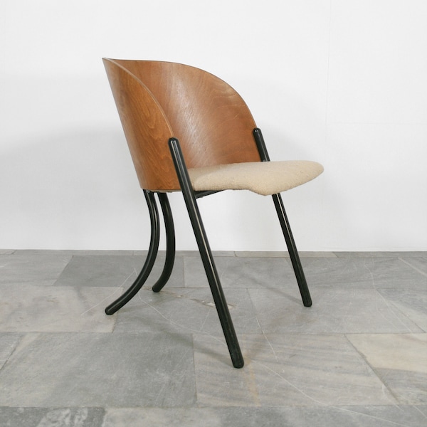 Vintage Postmodern Steelmobil Massimo Simonetti Bent Brown Plywood Shell Cushioned Bouclé Dining Chair Memphis Milano Style Home Office Desk