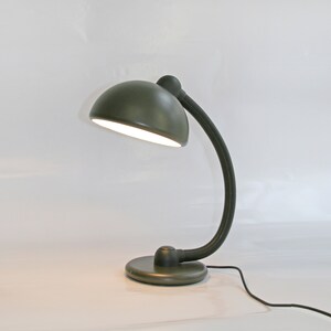 May include: A green metal desk lamp with a flexible arm and a dome-shaped shade. The lamp is turned on and the light is shining.