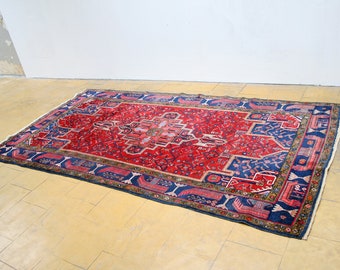 Large Vintage Ruby Red Pink Navy Blue Anatolian Turkish Area Rug Wool Woven Knotted Oriental Retro Boho Bohemian Eclectic Loft Traditional