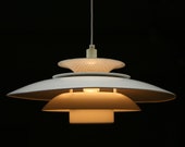 Danish Vintage Jeka Metaltryk Volga Ivory Pendant Layered Disc Lamp UFO Ceiling Scandinavian Mid Century Modern Mod Loft Retro Minimalist