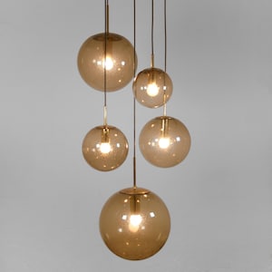 Large Vintage Glashütte Limburg Cascading Smoked Brown Bubble Glass 5 Orb Chandelier Golden Pendant Lamp Mid Century Modern Art Deco Balloon