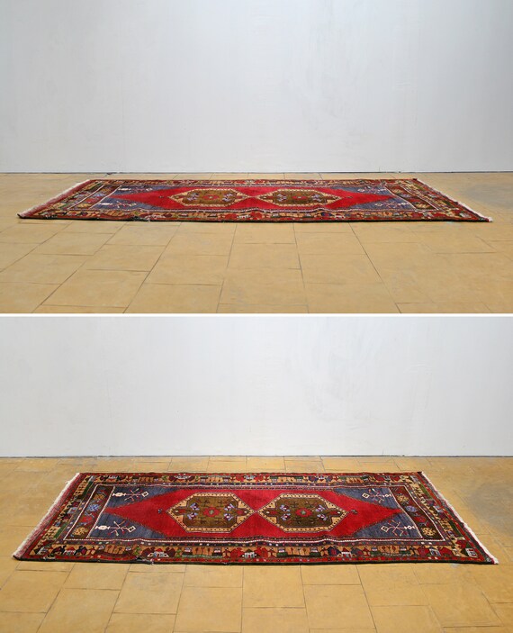 Vintage Laine Persane Turque Runner Tapis Losange Rouge Gris Bleu Anatolie Antique Folk Art Tissé à La Main Boho Studio Loft Couloir Entrée Bleu