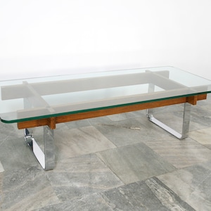 Großer Vintage Ilse Möbel Rechteckiger Dicker Glas Verchromter Stahl Teak Furnier Couchtisch Beistelltisch Modernist Brutalist