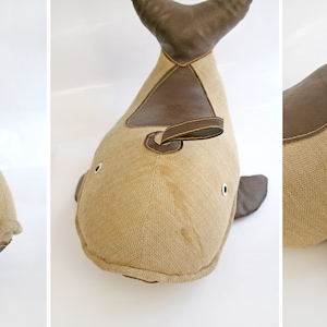 Vintage Jute & Leather Therapeutic Stuffed Whale Toy by Renate Müller Retro Modernist Bauhaus Foot Stool Decorative Pillow Studio Footstool image 7