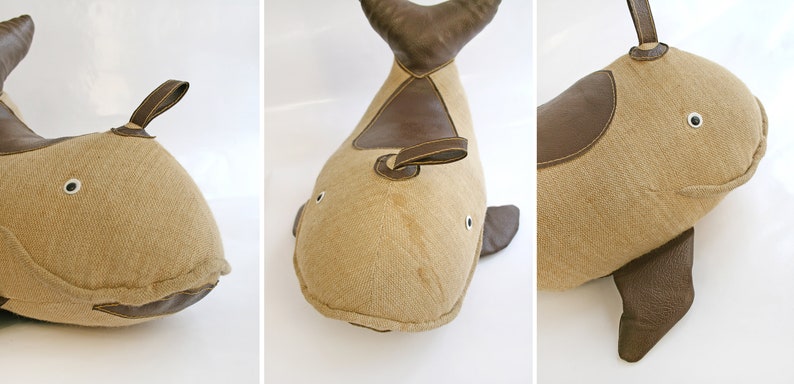 Vintage Jute & Leather Therapeutic Stuffed Whale Toy by Renate Müller Retro Modernist Bauhaus Foot Stool Decorative Pillow Studio Footstool image 7