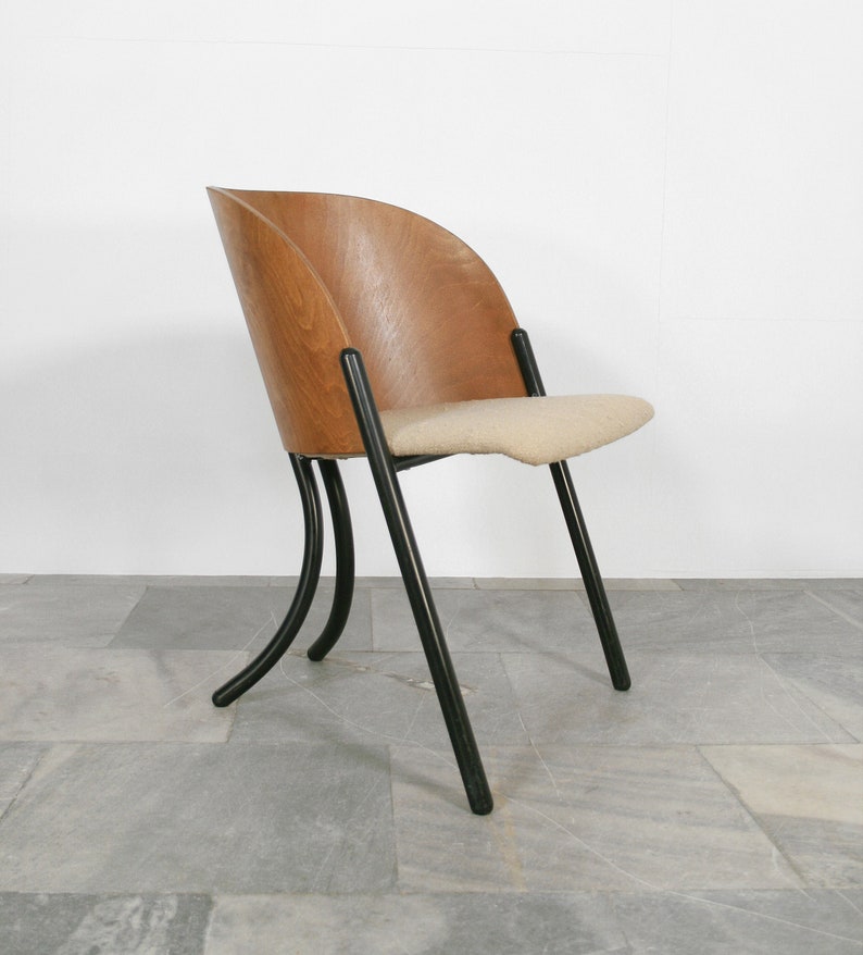 Vintage Postmodern Steelmobil Massimo Simonetti Bent Plywood Shell Cushioned Bouclé Dining Chair Memphis Italian Loft Minimalist Desk PoMo image 1