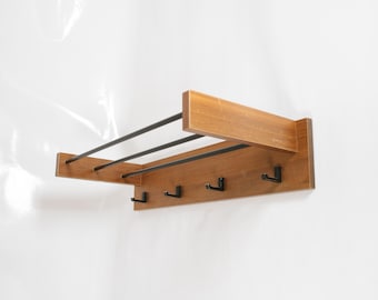 Vintage Wooden Laminated Wall Mounted Coat Rack Hat Shelf Art Deco Retro Loft Accent Mid Century Modern Entrance Hallway Hooks Hanger Teak