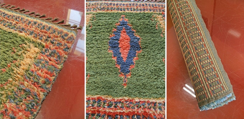 Large Vintage Turkish Tulu Tullu Wool Area Rug Red Pink Green Baby Blue Anatolian Folk Art Handwoven Boho Traditional Loft Fuzzy Furry Shag image 9