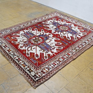 Vintage Chelaberd Eagle Kazak Caucasian Pakistani Wool Area Rug Oriental Persian Ruby Red White Ivory Antique Sunburst Sun Handknotted Brown