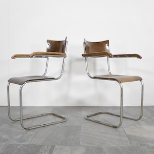 Pair of Vintage Mart Stam Robert Slezák S43F Wooden Chrome Cantilever Desk Chairs Bauhaus Modernist Home Office Dining Kitchen Art Deco Cafe