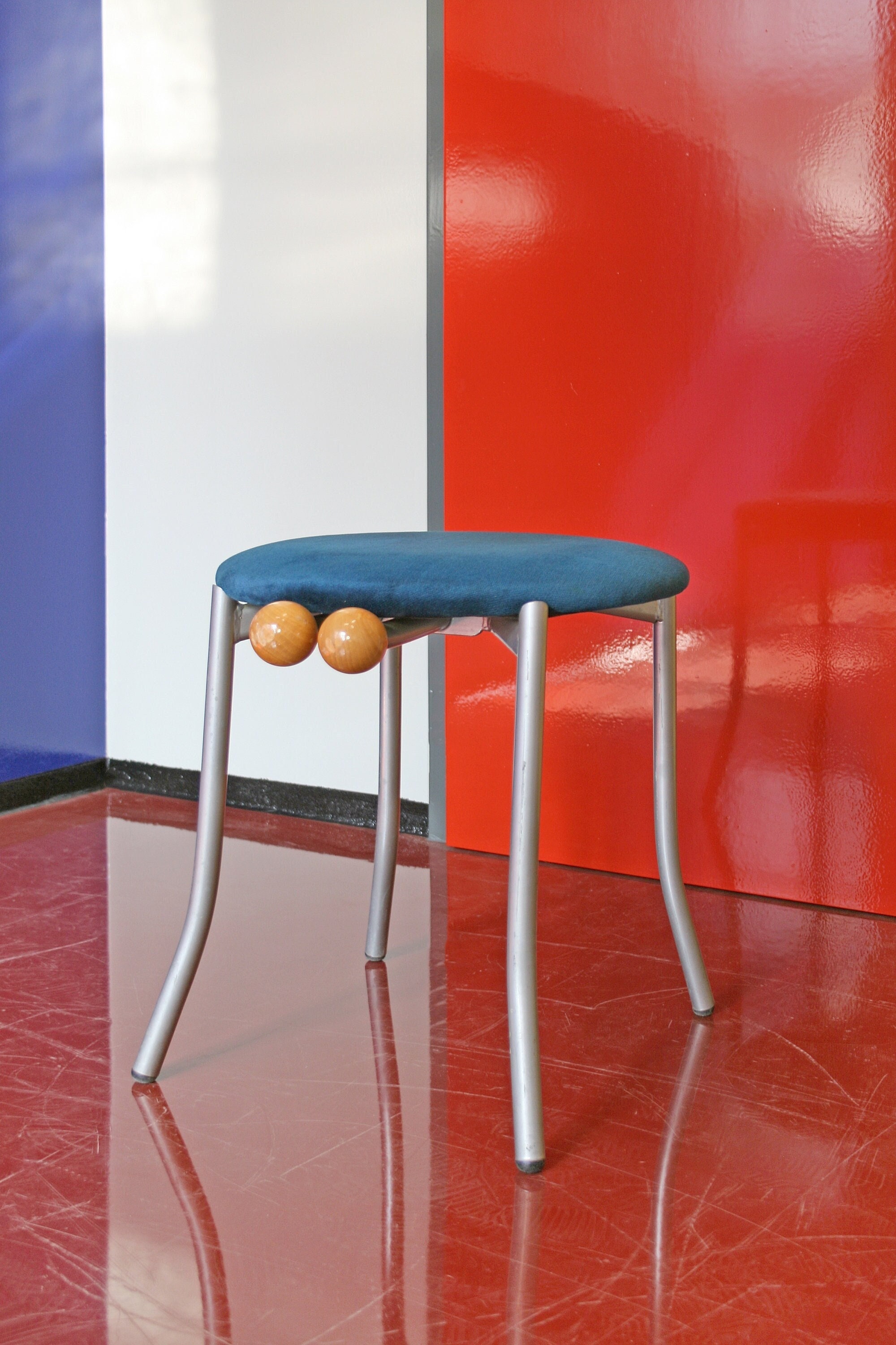 Vintage KFF Karl-Friedrich Förster Memphis Milano Style Postmodern Rectangular Stool Italian Cobalt Blue Velvet Grey Metal RetroTurquoise