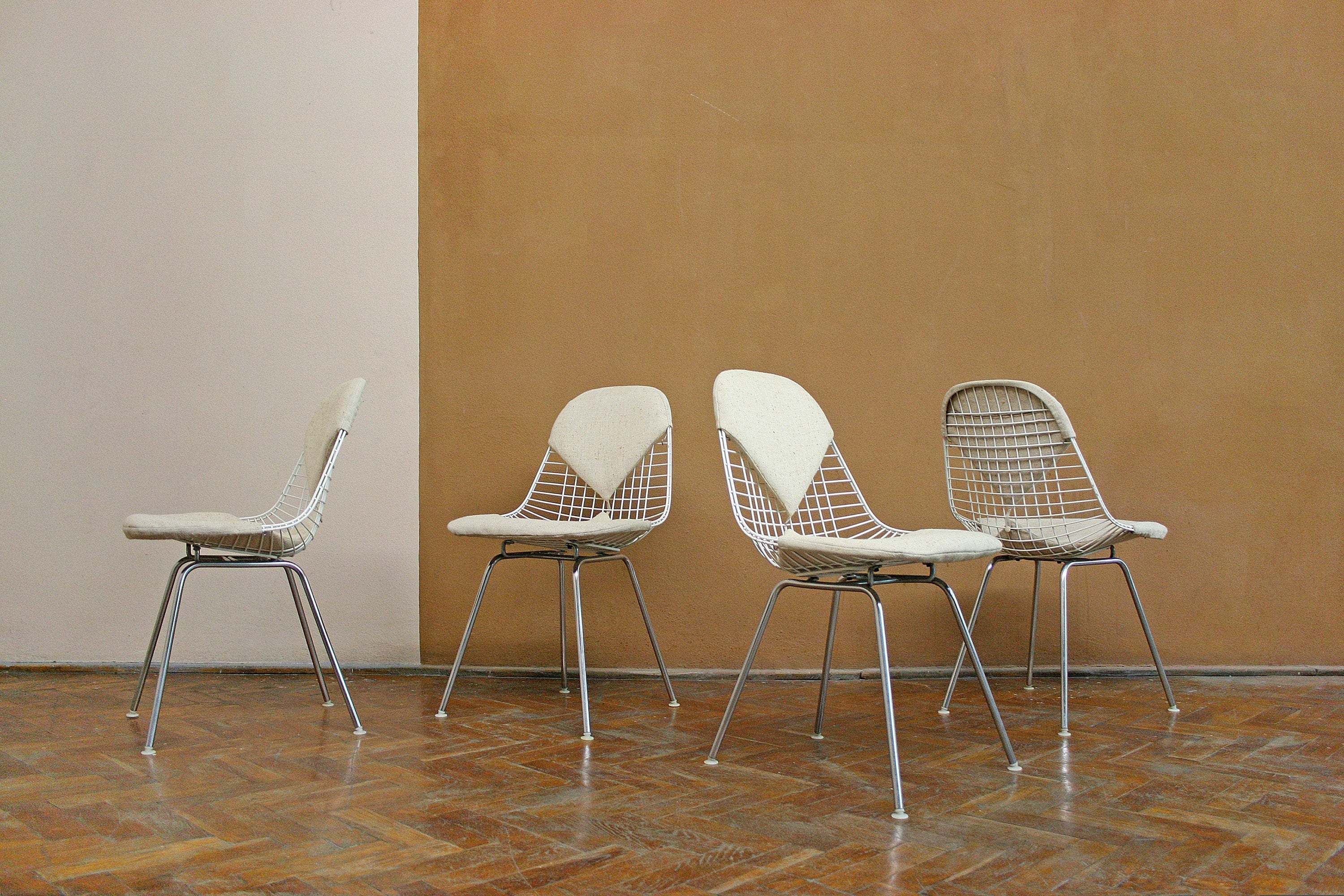 Set of Four Vintage Eames Upholstered Wire Bikini DKX Dining