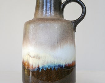 Large Vintage Scheurich Keramik West German Fat Lava Ceramic Pitcher Vase Handle Jug Retro Mid Century Modern Pottery Art Brown Beige