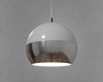 Vintage Hustadt Leuchten White Dome Mirror Chrome Scandinavian Style Pendant Lamp Streamline Light Space Age Minimalist Mid Century Modern