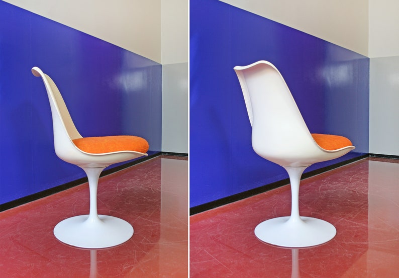 Vintage Eero Saarinen Knoll International Orange White Tulip Chair Retro Mid Century Modern Club Accent Dining Desk Shell Modernist Genuine image 4