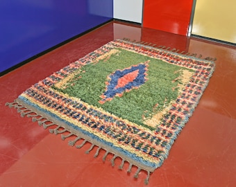 Large Vintage Turkish Tulu Tullu Wool Area Rug Red Pink Green Baby Blue Anatolian Folk Art Handwoven Boho Traditional Wall Fuzzy Furry Shag