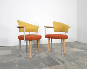 Set Of Two Vintage Burghardt Vogtherr Arflex Postmodern Dining Chairs PoMo Italian Mid Century Modern Memphis Accent Desk Sculptural Retro