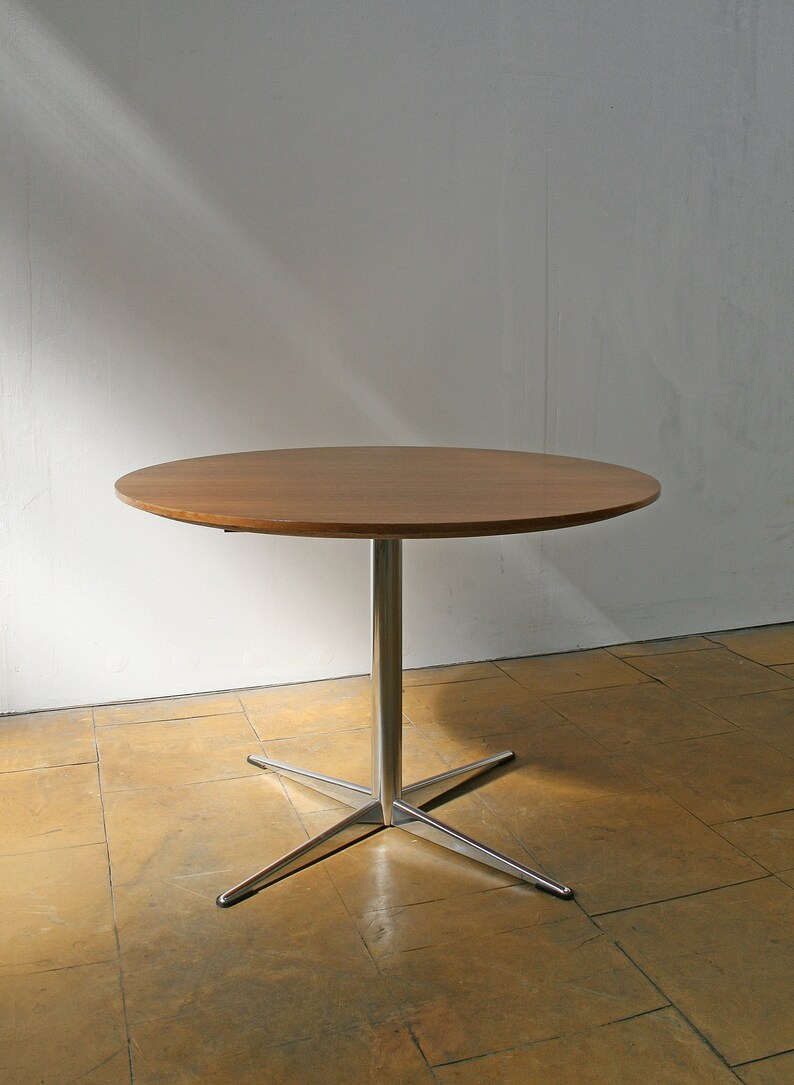 Vintage Mid Century Modern Round Wooden Coffee Table Scandinavian Chrome Teak West German Retro Elegant Minimalist Side End Accent Dining