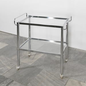 Vintage glazen chroom bar kar op wielen minibar bijzettafel dienblad gestroomlijnde trolley nachtkastje entree badkamer art deco kantoor aan huis