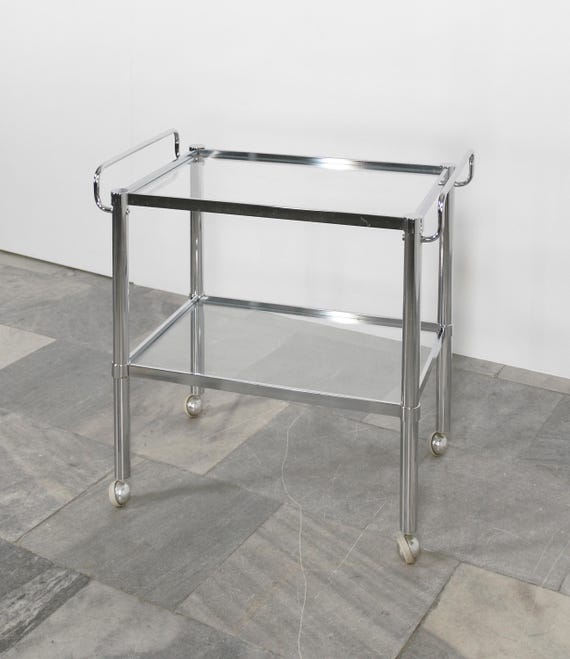 Vintage Glas Chrom Barwagen auf Rollen Mini-Bar Beistelltisch Serviertablett Streamline Trolley Nachttisch Eingang Badezimmer Art Deco Home Office