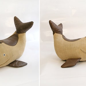 Vintage Jute & Leather Therapeutic Stuffed Whale Toy by Renate Müller Retro Modernist Bauhaus Foot Stool Decorative Pillow Studio Footstool image 6