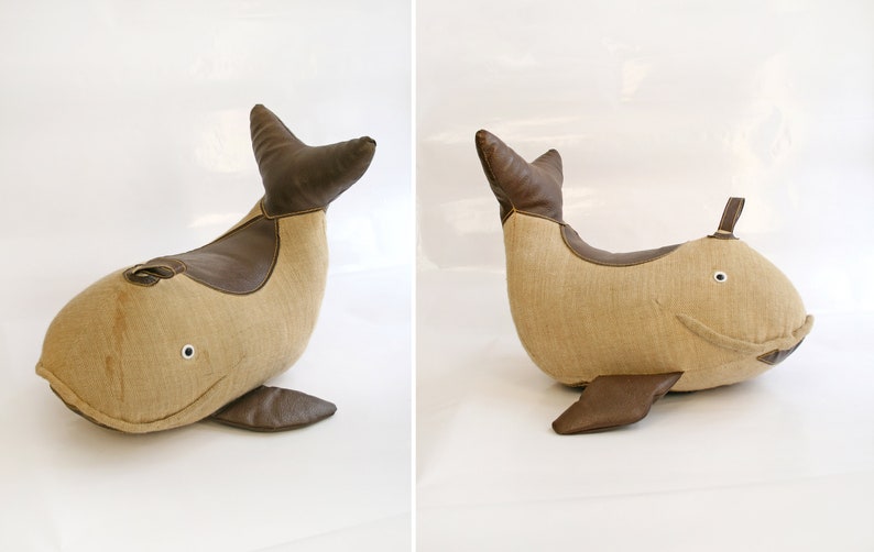 Vintage Jute & Leather Therapeutic Stuffed Whale Toy by Renate Müller Retro Modernist Bauhaus Foot Stool Decorative Pillow Studio Footstool image 6