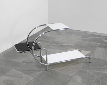 Macetero vintage Emile Guyot Hynek Gottwald tubular de cromo y vidrio blanco y negro, modelo 715, estantes Bauhaus, macetero Art Déco aerodinámico