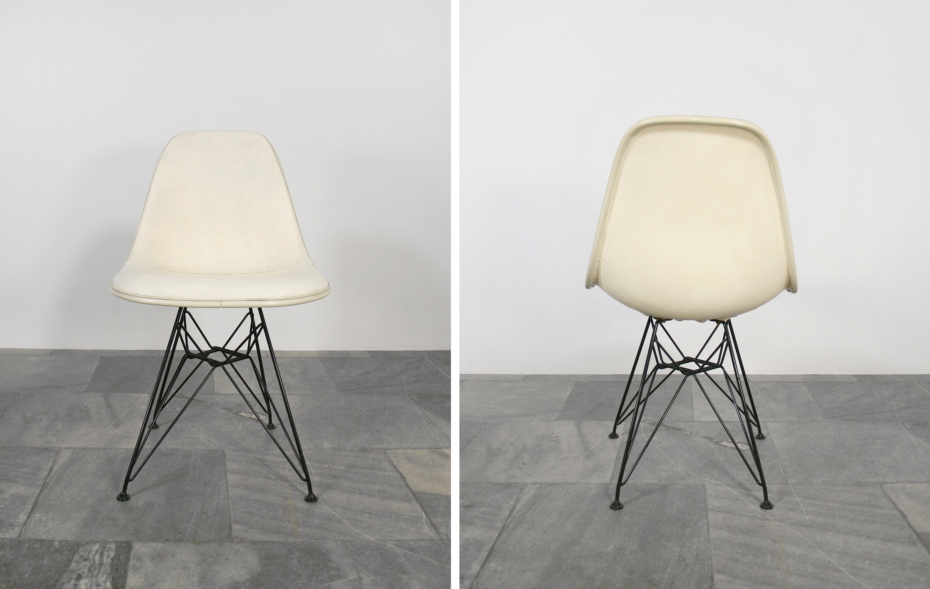 Vintage Eames Ivory White Vinyl Upholstered DSR Eiffel Wire Vintage Eames Ivory White Vinyl Upholstered DSR Eiffel Wire