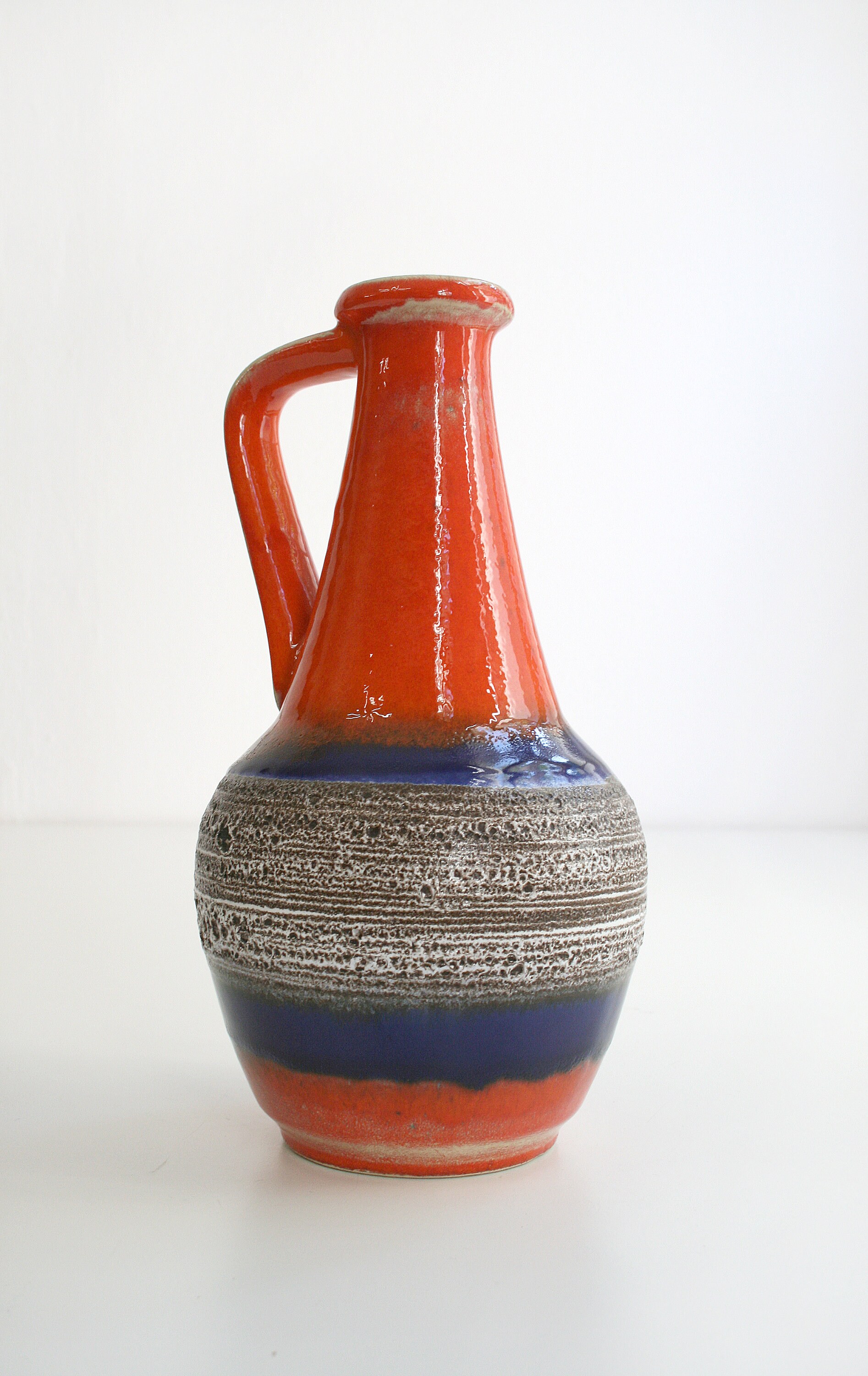 Vintage Vibrant Orange Blue Bay Keramik Fat Lava Tall Elegant Pitcher Vase Modernist Minimalist West