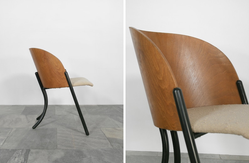 Vintage Postmodern Steelmobil Massimo Simonetti Bent Plywood Shell Cushioned Bouclé Dining Chair Memphis Italian Loft Minimalist Desk PoMo image 2