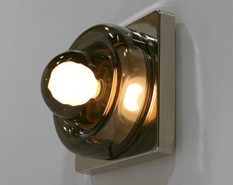 Vintage Smoked Glass Cosack Wall Fixture Lamp Sconce Brutalist Mid Century Modern Streamline Accent Modernist Space Age Home Office Chrome